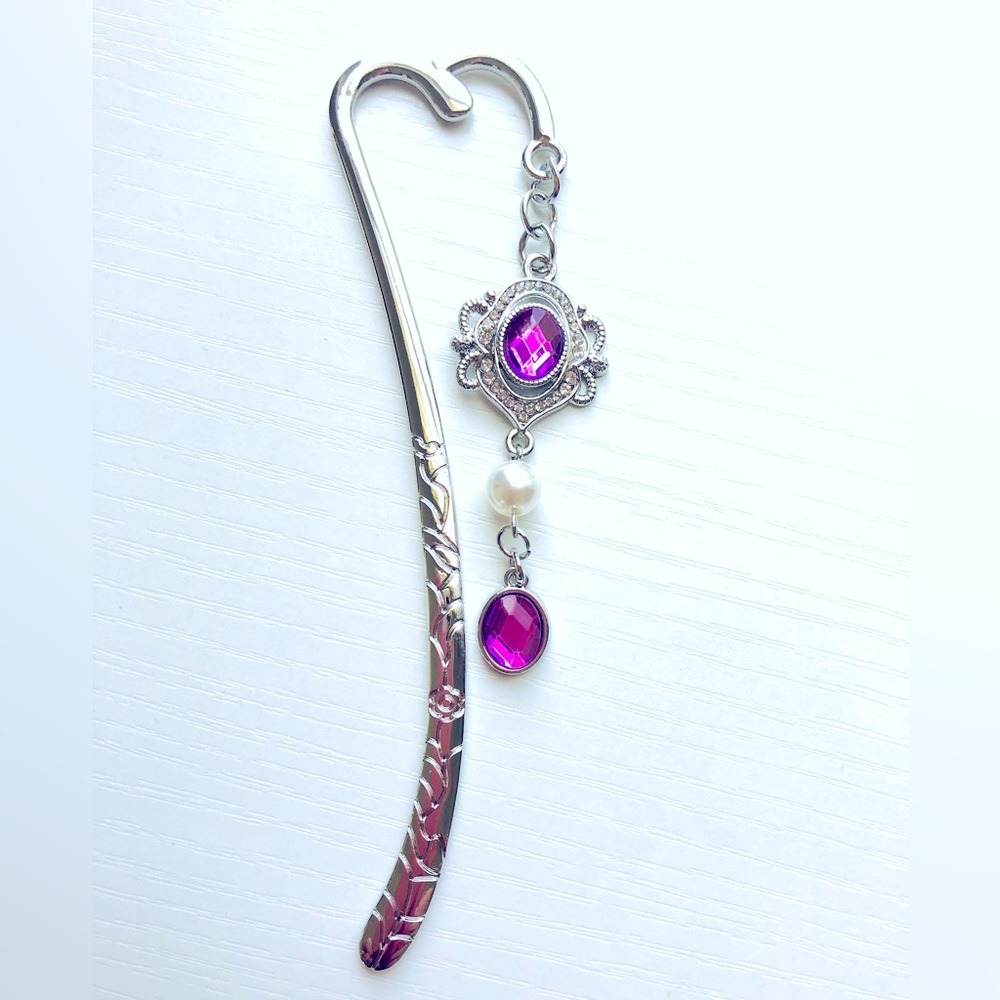 DAR Silvertone jewel fob pearl Pink faceted crystal 1900 style bookmark